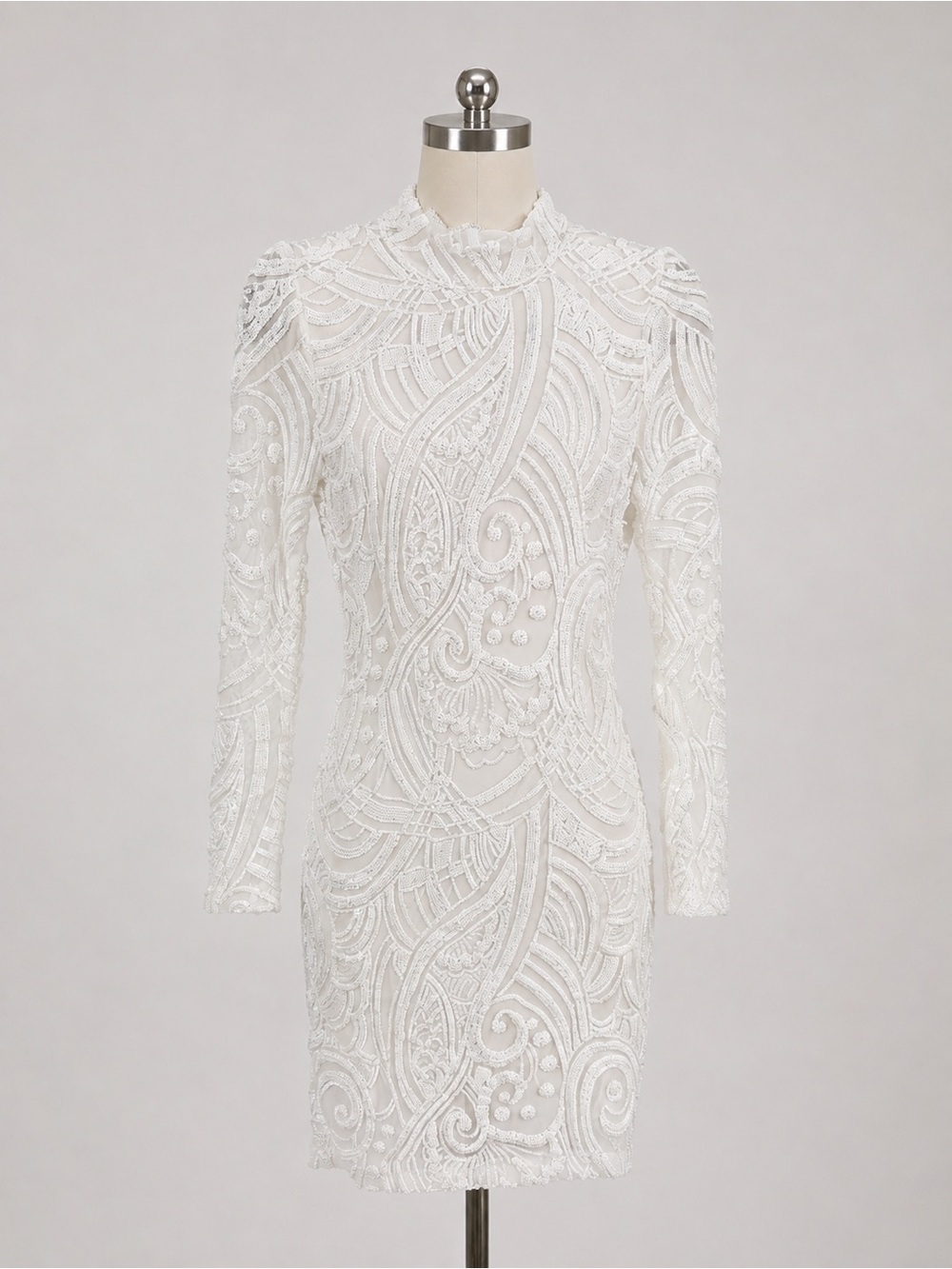 Elegant White Long-Sleeve Sequined Lace Dress